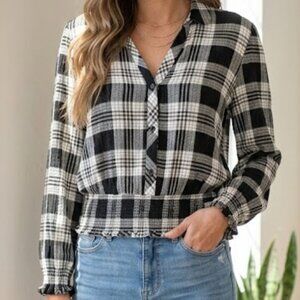 Plaid Smocked Waist 1. STATE Black White V-Neck Blouse Size L Large